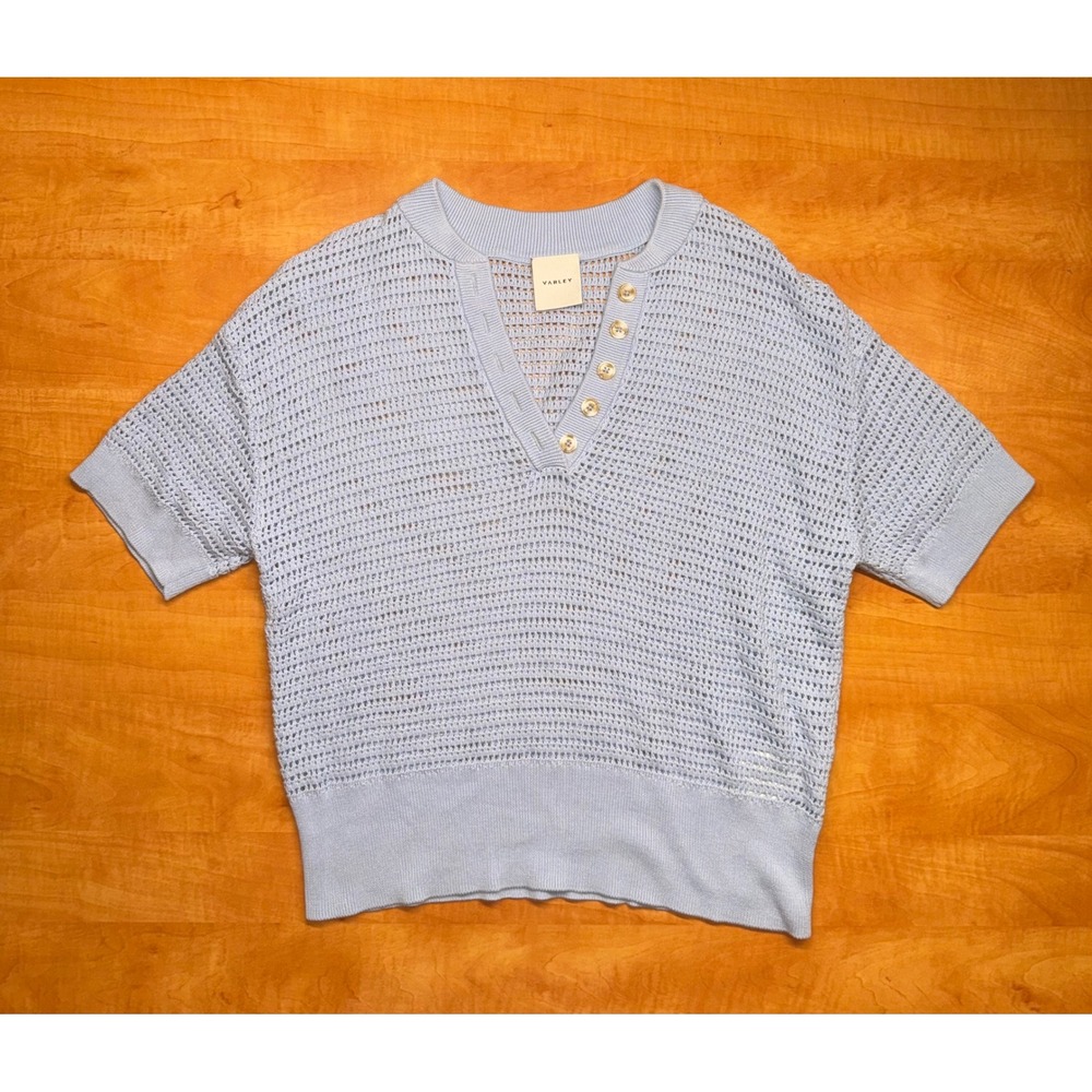 Varley Callie Knit Top Light Blue Cotton Open Knit Henley Short Sleeve Small